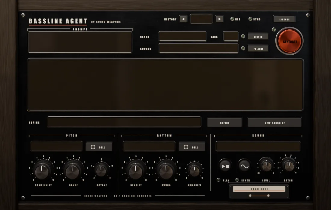 Bassline Agent: the screen shows ROLLING DEEP HOUSE BASS in Ab Dorian at 122 BPM, chords Abm9, Db9, Emaj9, Gb9sus4 detected by LISTEN at 94%, and the bassline as a piano roll underneath; pitch, rhythm and sound controls below.
