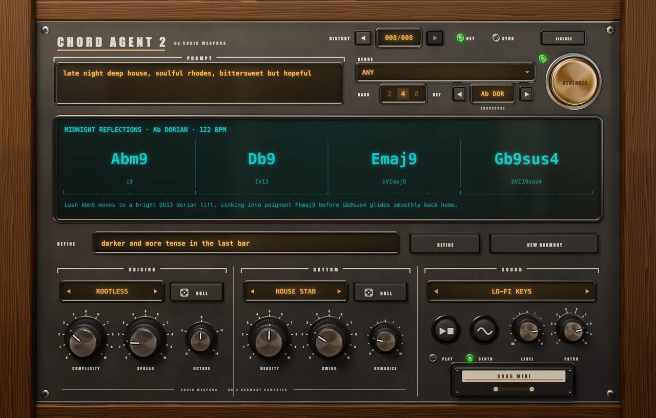 Chord Agent 2: the prompt “late night deep house, soulful rhodes, bittersweet but hopeful” has produced MIDNIGHT REFLECTIONS in Ab Dorian at 122 BPM — Abm9, Db9, Emaj9, Gb9sus4 — with voicing, rhythm and sound controls below.