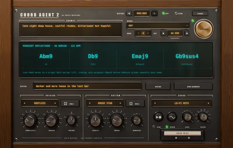 Chord Agent 2 with a generated progression on its screen.