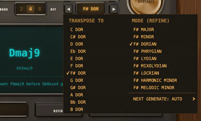 KEY menu open on F# Dorian: TRANSPOSE TO lists every tonic, MODE (REFINE) lists major, minor, dorian, phrygian, lydian, mixolydian, locrian, harmonic minor and melodic minor, plus NEXT GENERATE: AUTO.