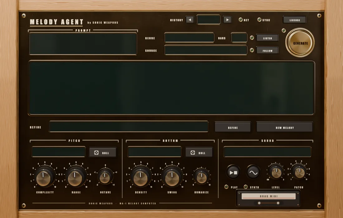 Melody Agent: the screen shows BITTERSWEET TOPLINE in Ab Dorian at 122 BPM, chords Abm9, Db9, Emaj9, Gb9sus4 followed live at 94%, and the melody as a piano roll underneath; pitch, rhythm and sound controls below.