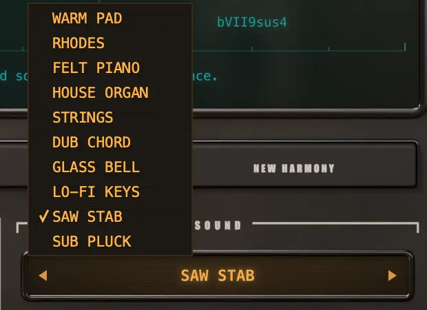 SOUND menu open with all ten sounds listed and SAW STAB selected.