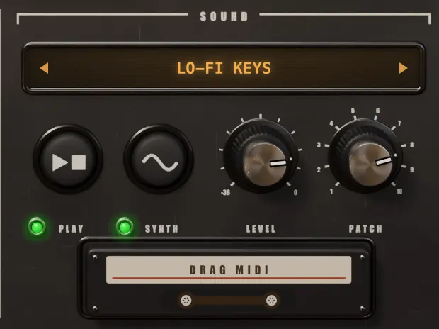Sound section: LO-FI KEYS selected, PLAY and SYNTH buttons with lit LEDs, LEVEL and PATCH knobs, and the DRAG MIDI cartridge.